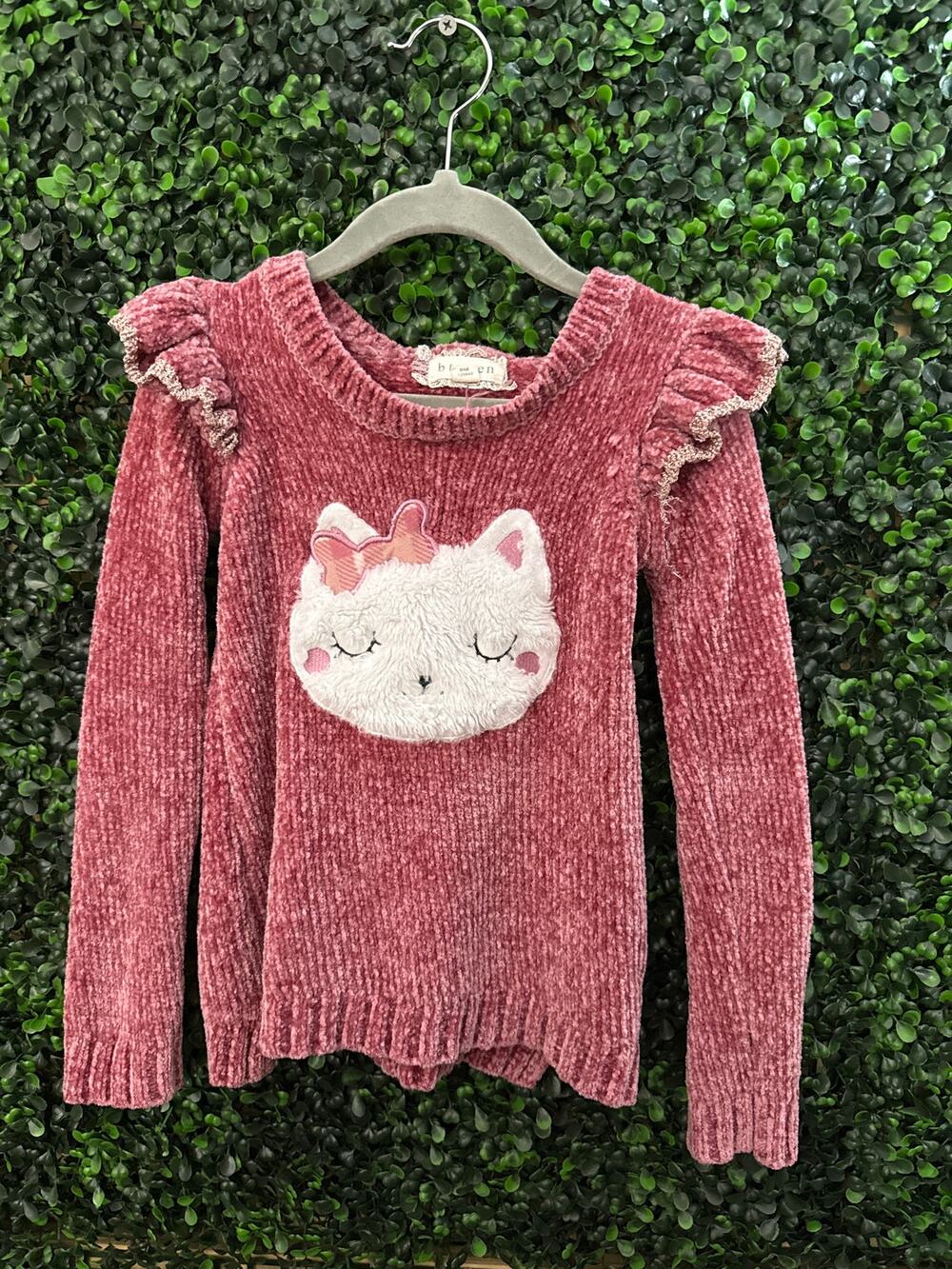Btween, Girls Soft Sweater, Mauve, Cat with bow, Size 4T
